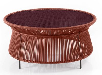 Brauner Caribe Chic Beistelltisch von ames für den Outdoor-Bereich, geflochten und mit runder Tischplatte.